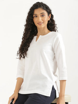 Women White Airy Linen Split Neck Short Kurta