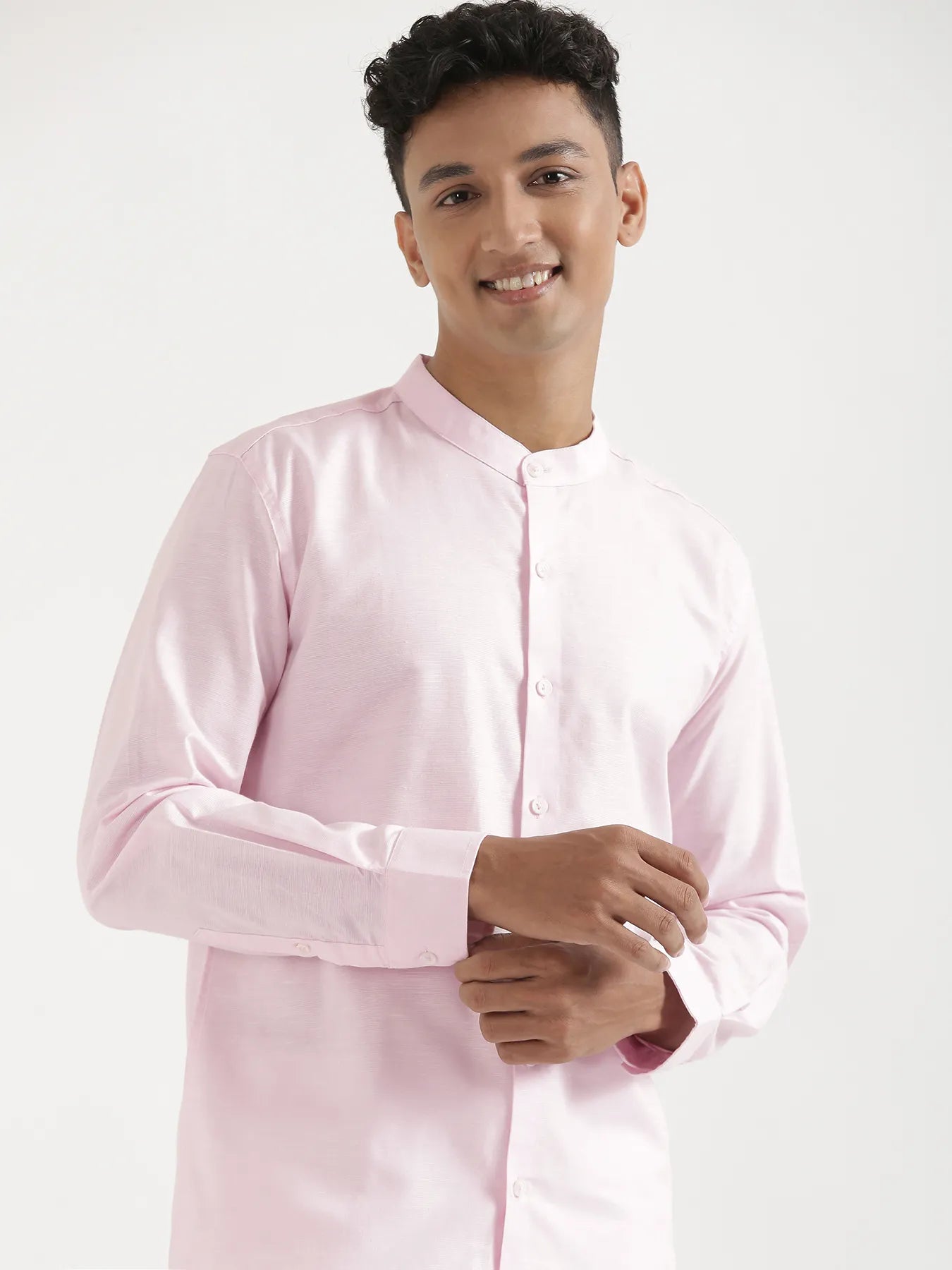 Men Blush Pink Linen Blend Mandarin Collar Shirt