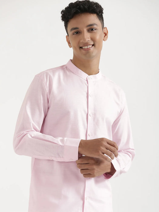 Men Blush Pink Linen Blend Mandarin Collar Shirt & White Cotton Pant Set