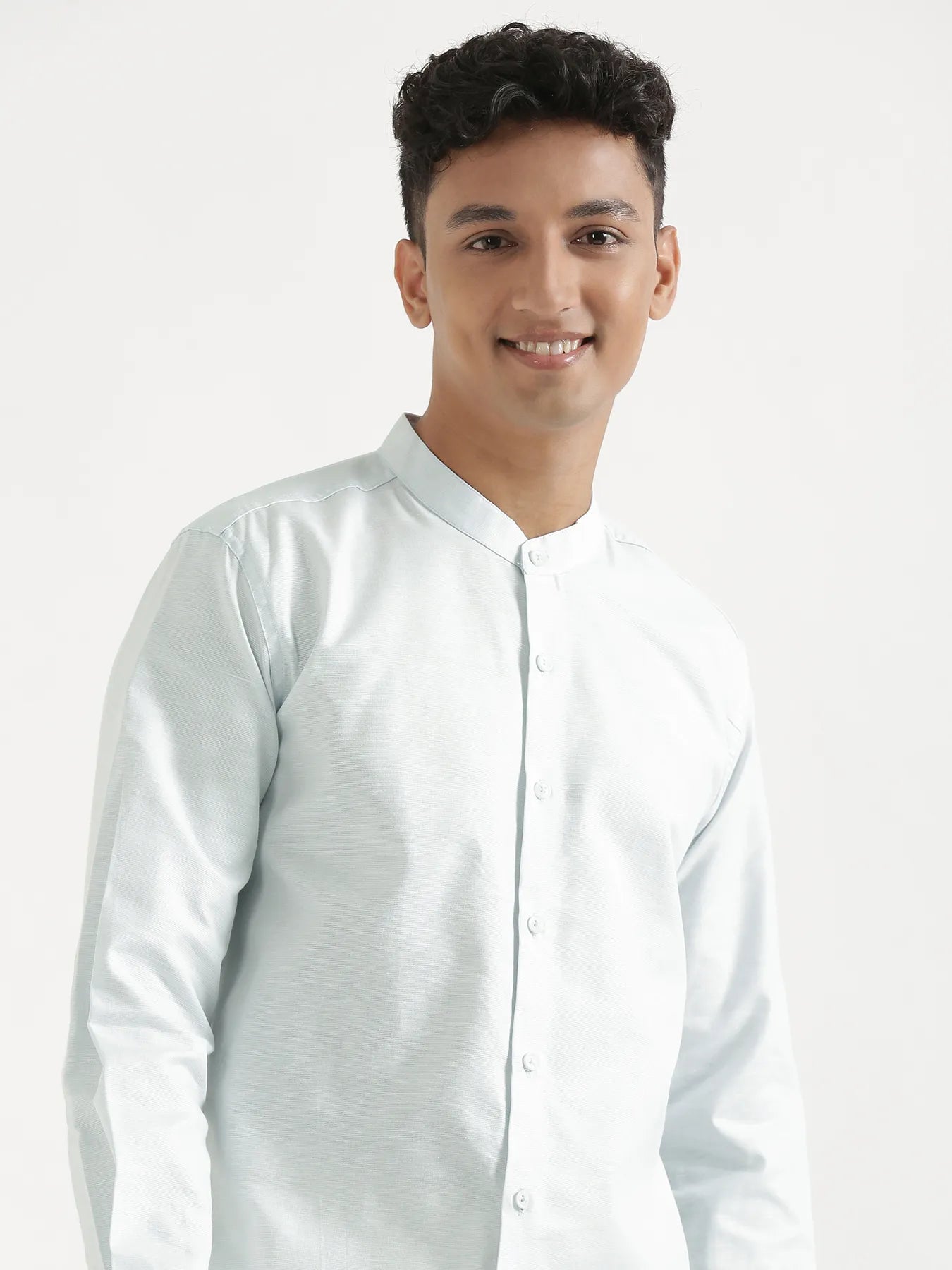 Men Powder Blue Linen Blend Mandarin Collar Shirt