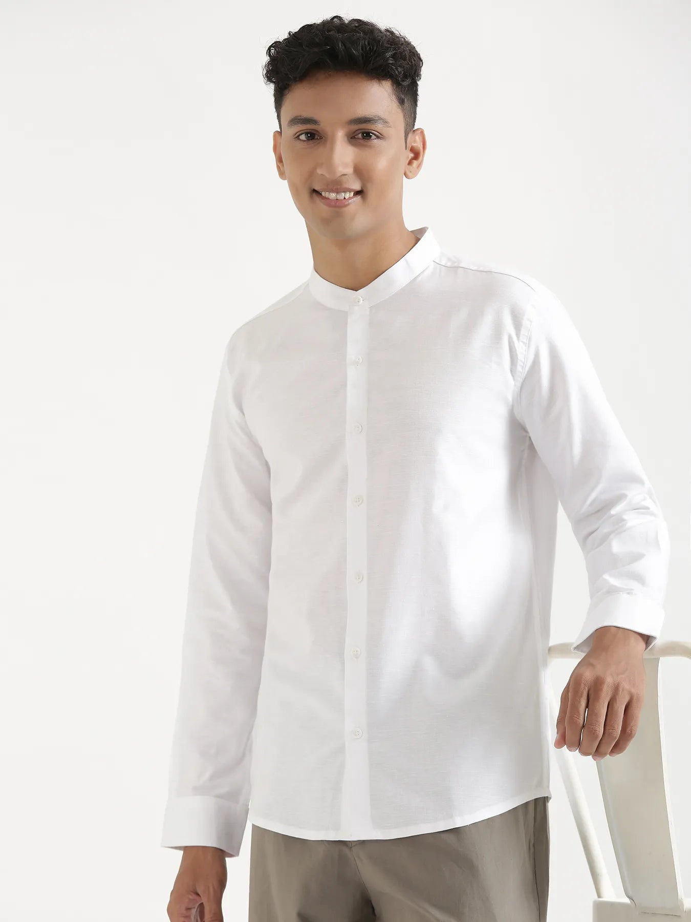 Men White Linen Blend Mandarin Collar Shirt