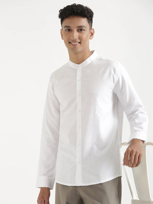 Men White Linen Blend Mandarin Collar Shirt