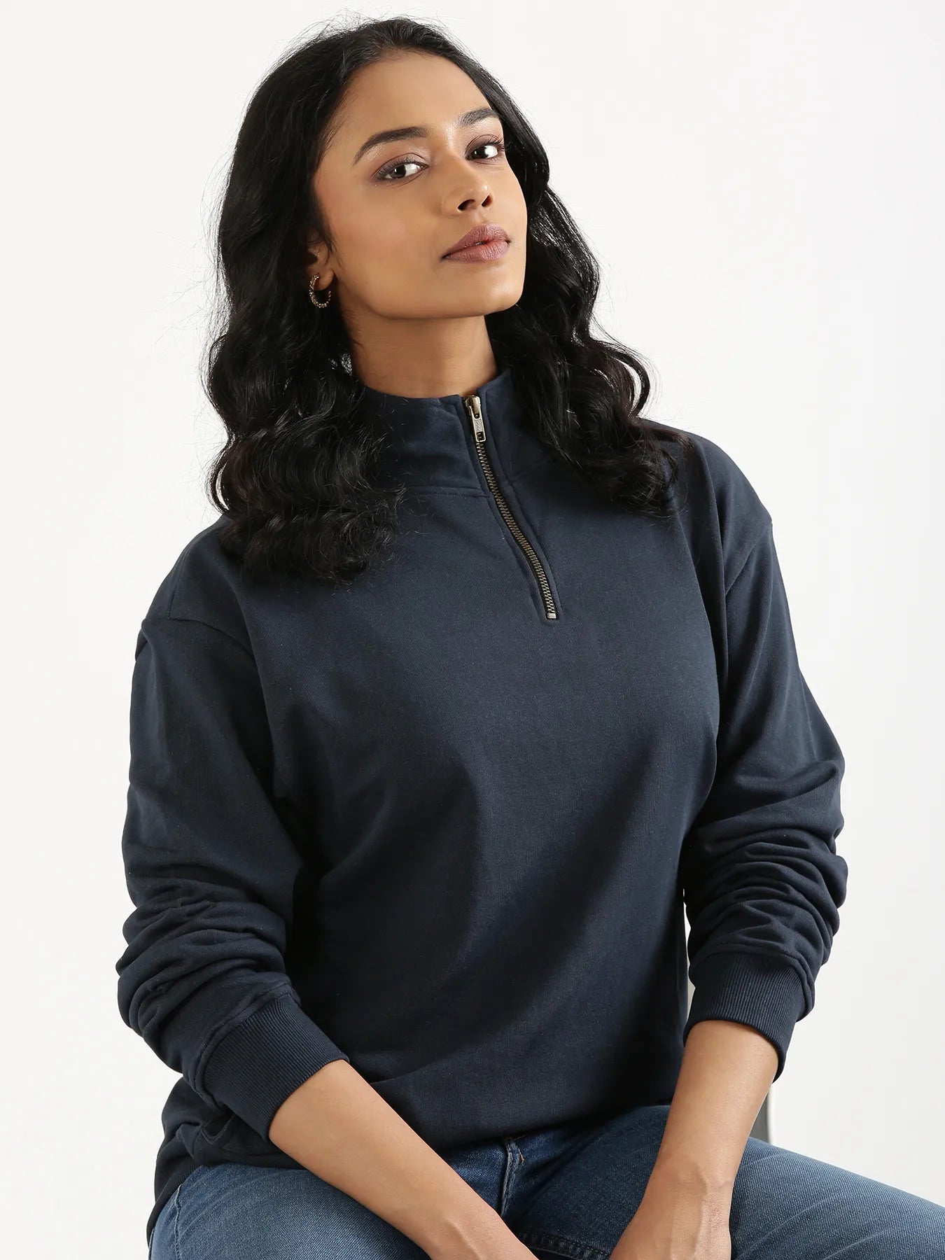 Unisex Navy Blue Zip Neck Sweatshirt