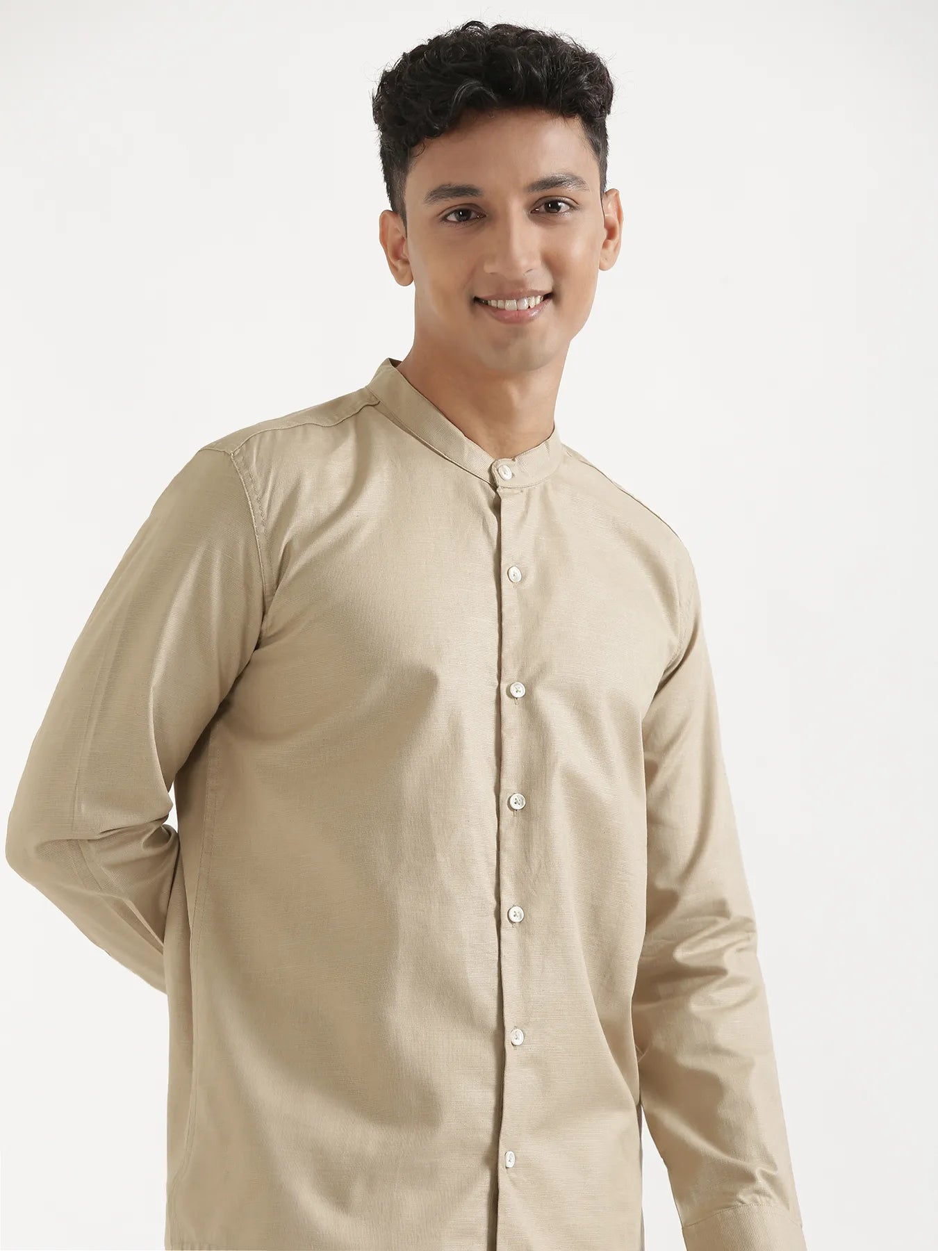 Men Taupe Linen Blend Mandarin Collar Shirt
