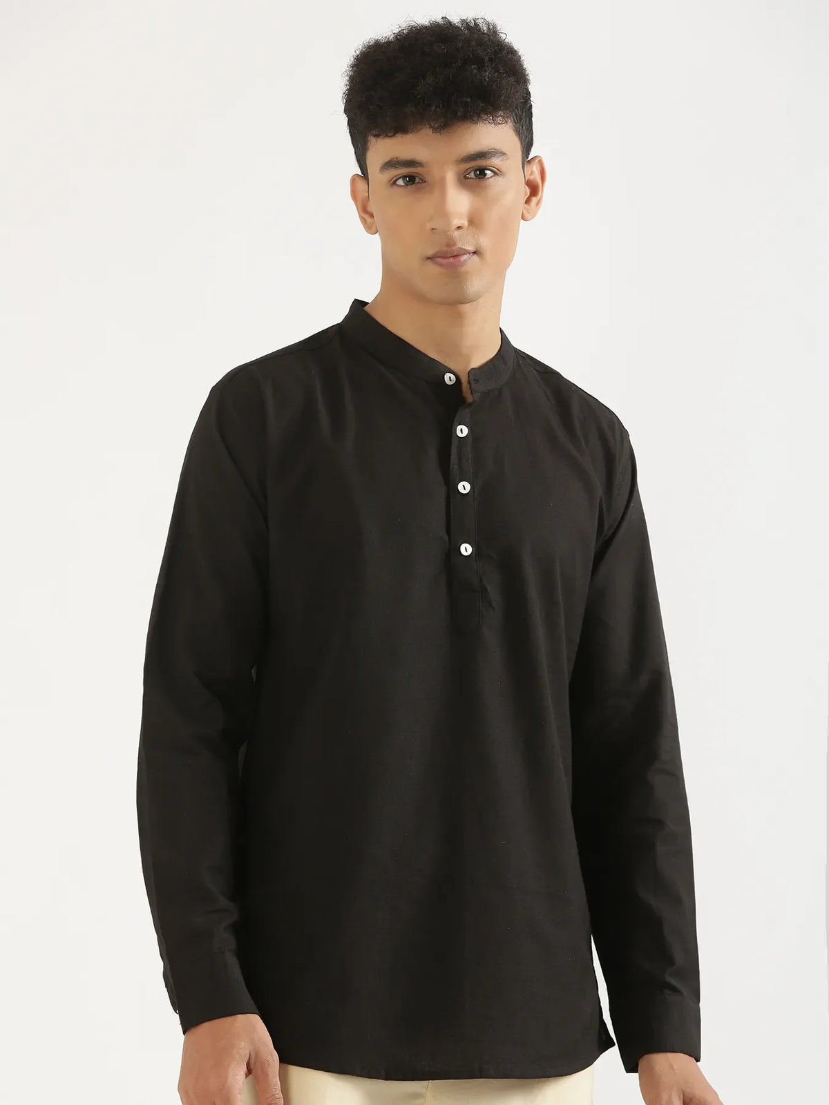 Pick Any 6 Men Short Kurta - Black Airy Linen
