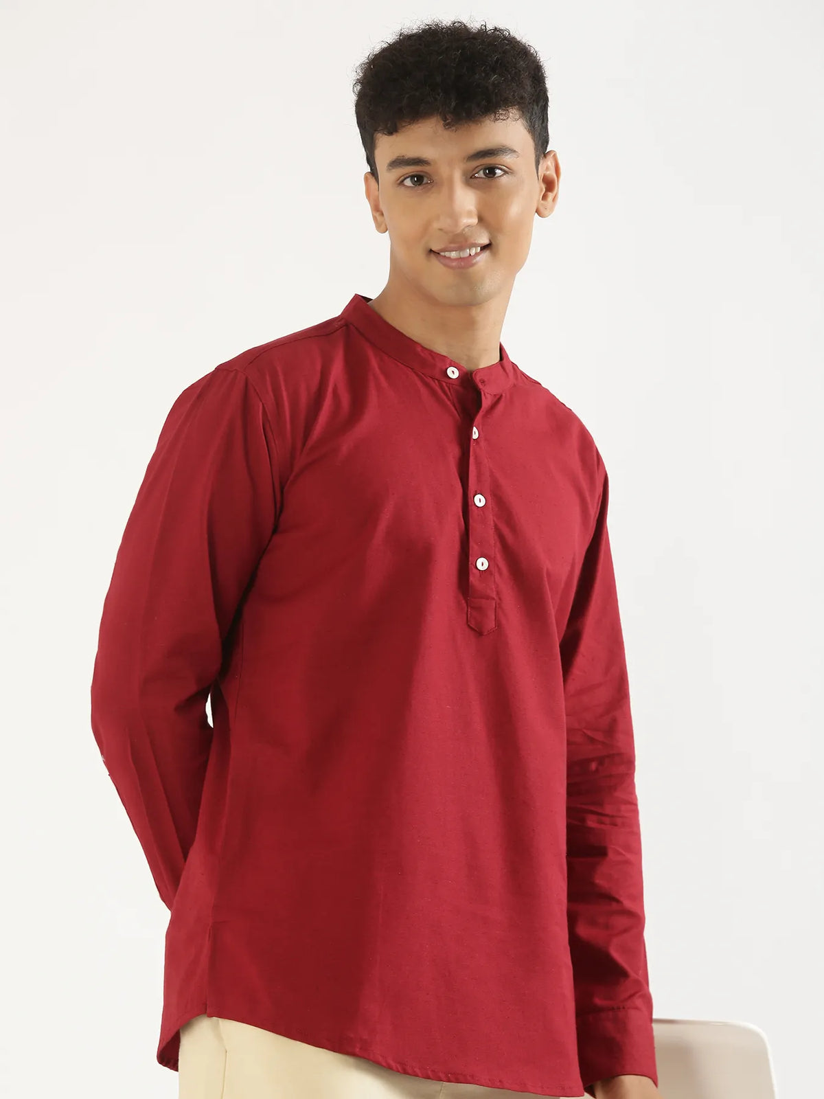 Pick Any 5 Men Short Kurta - Maroon Airy Linen