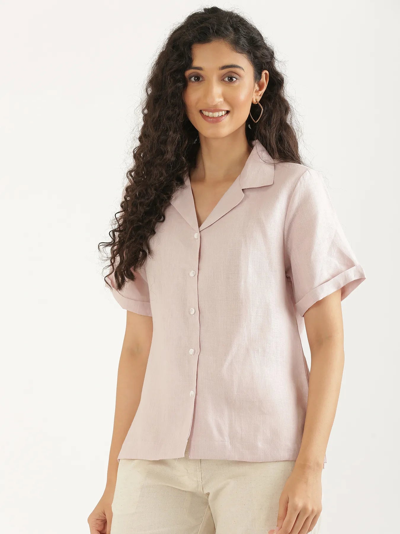 Women Light Pink Pure Linen Notch Collar Shirt