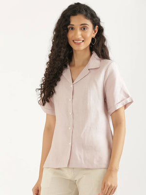 Women Light Pink Pure Linen Notch Collar Shirt