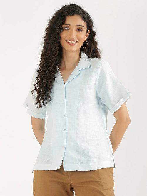 Women Light Blue Pure Linen Notch Collar Shirt