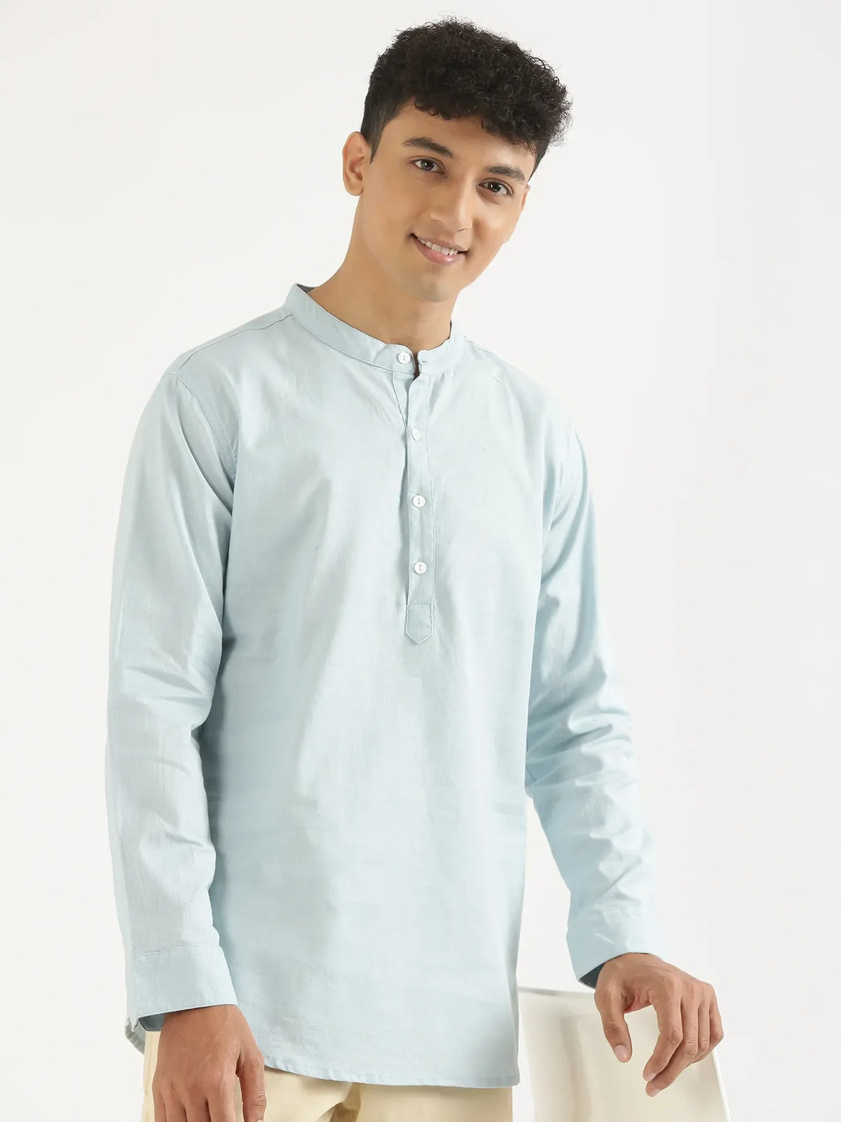 Pick Any 3 Men Airy Linen Short Kurta - Sky Blue