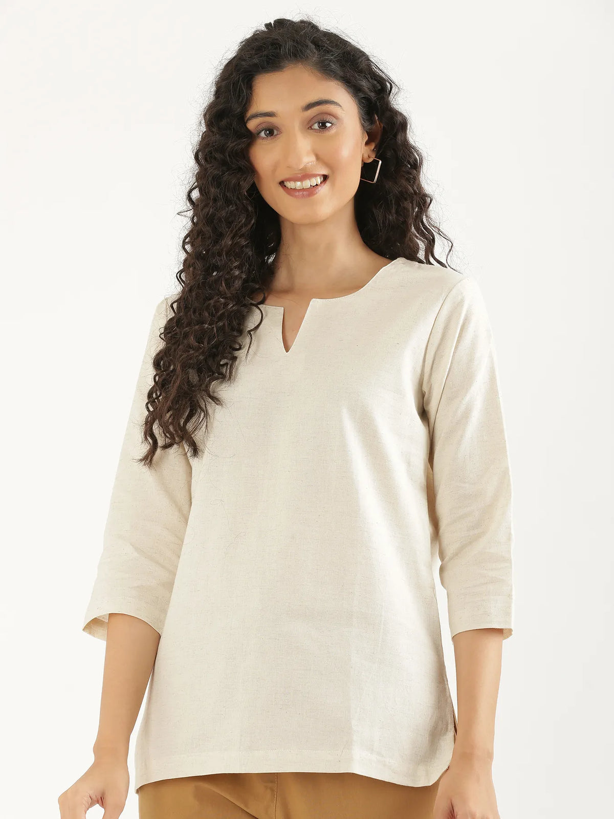 Pick Any 5 Women Airy Linen Split Neck Short Kurta - Ecru