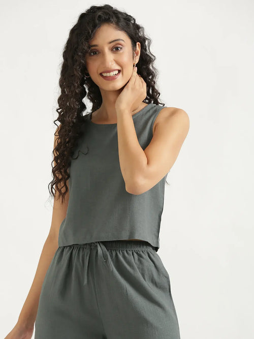 Women German Grey Flowy Linen Crop Top