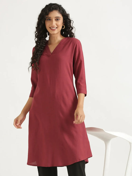 Women Maroon Flowy Linen A-Line Long Kurta