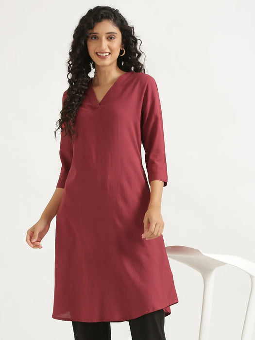 Women Maroon Flowy Linen A-Line Long Kurta