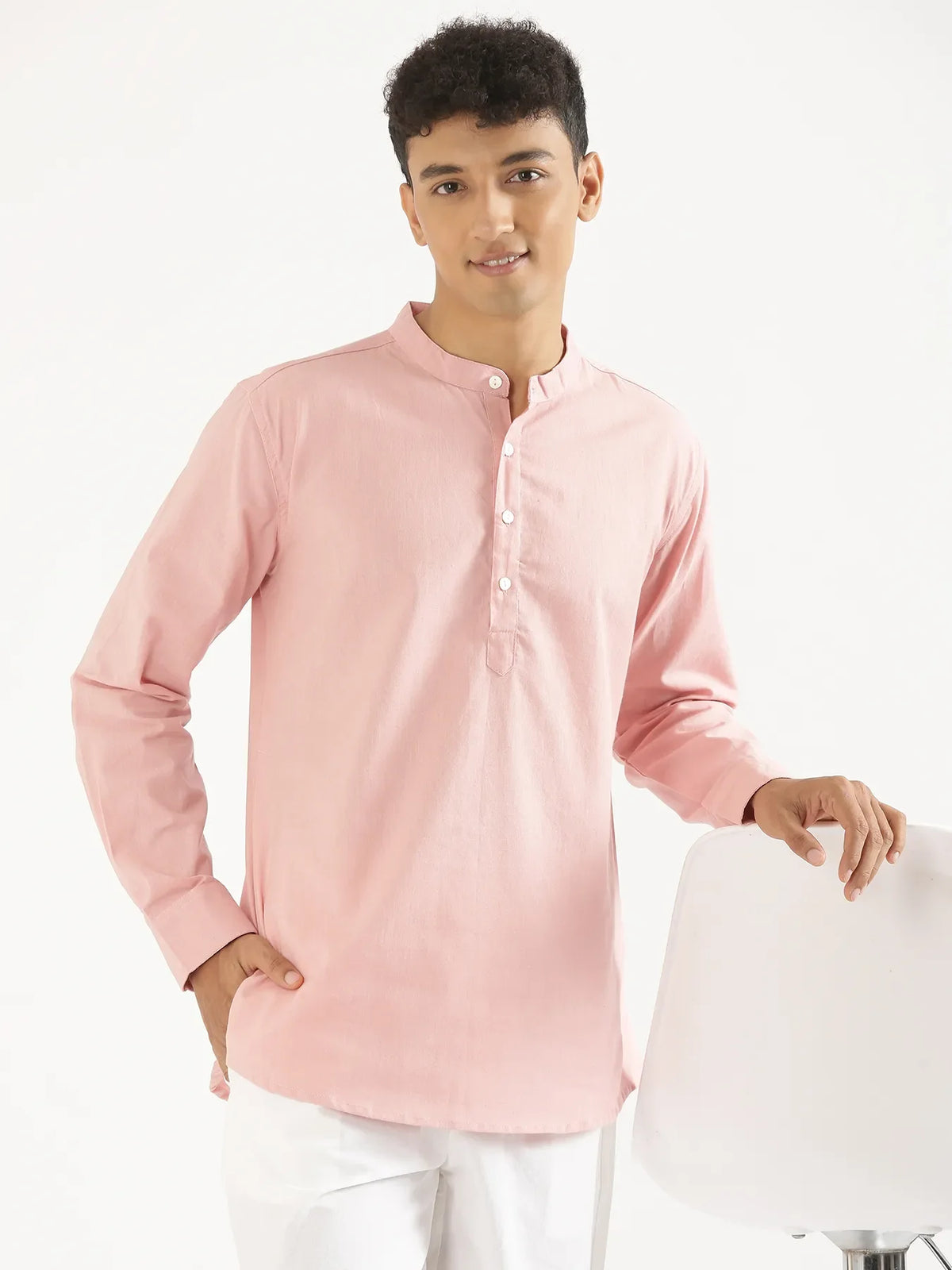 Pick Any 3 Men Airy Linen Short Kurta - Salmon Pink