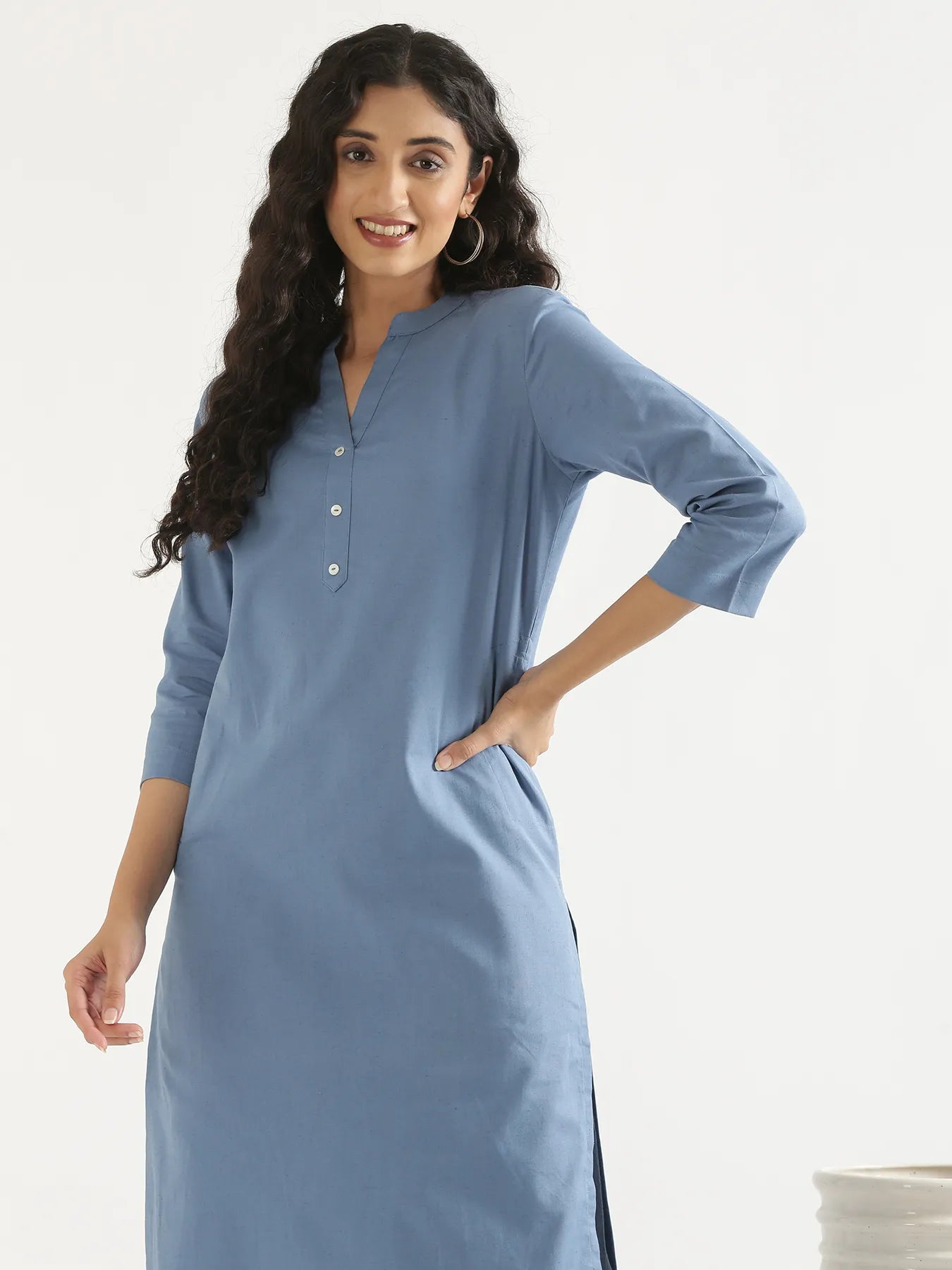 Women English Blue Airy Linen Long Kurta