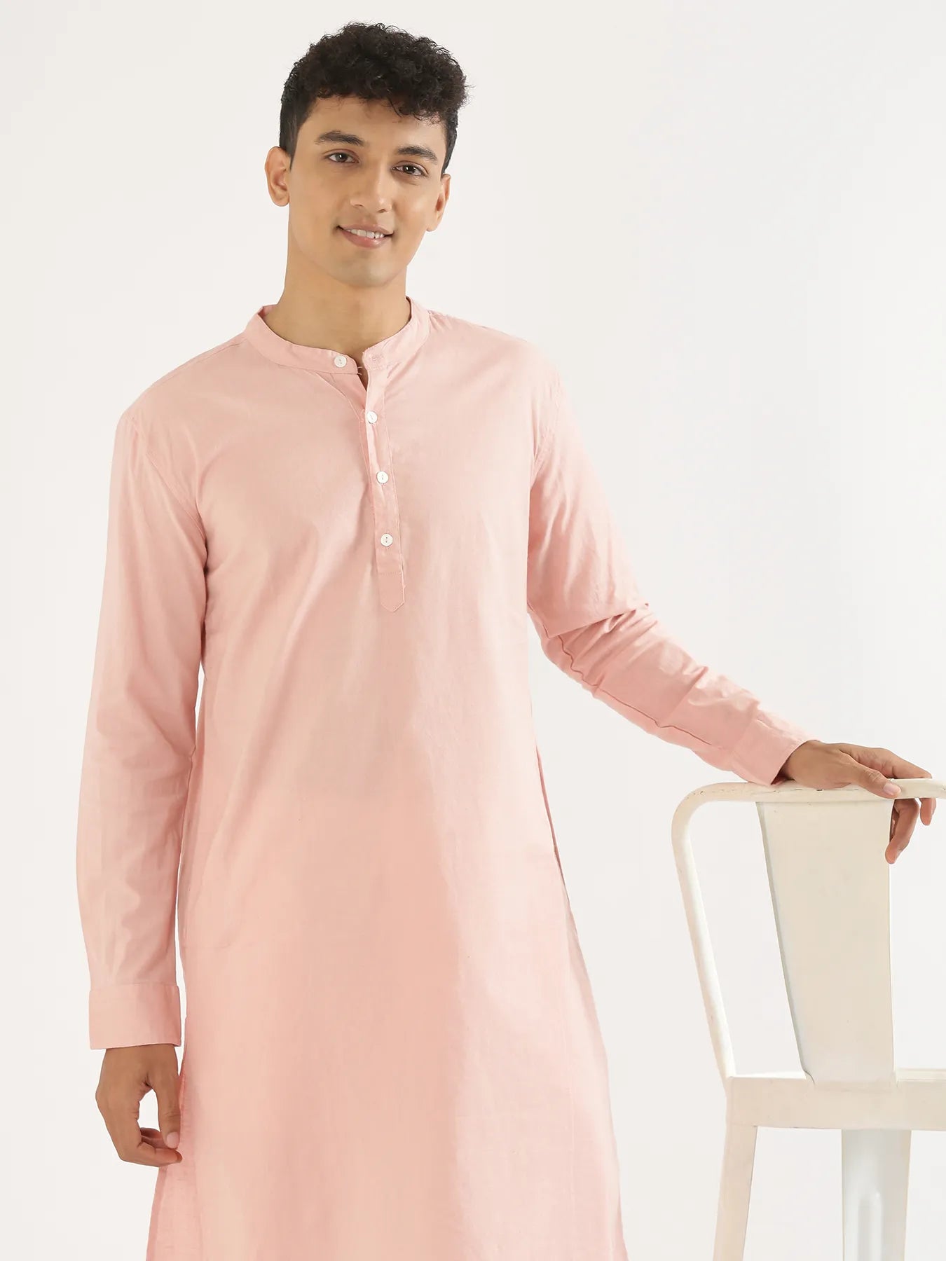 Men Salmon Pink Airy Linen Long Kurta