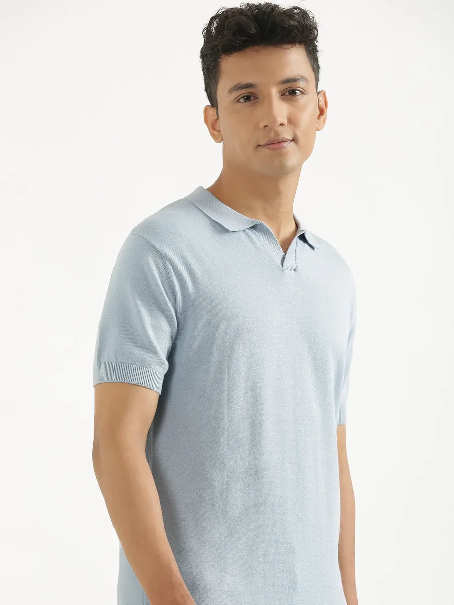 Men Light Blue Flat Knit Polo