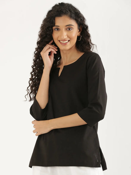 Women Black Airy Linen Split Neck Short Kurta
