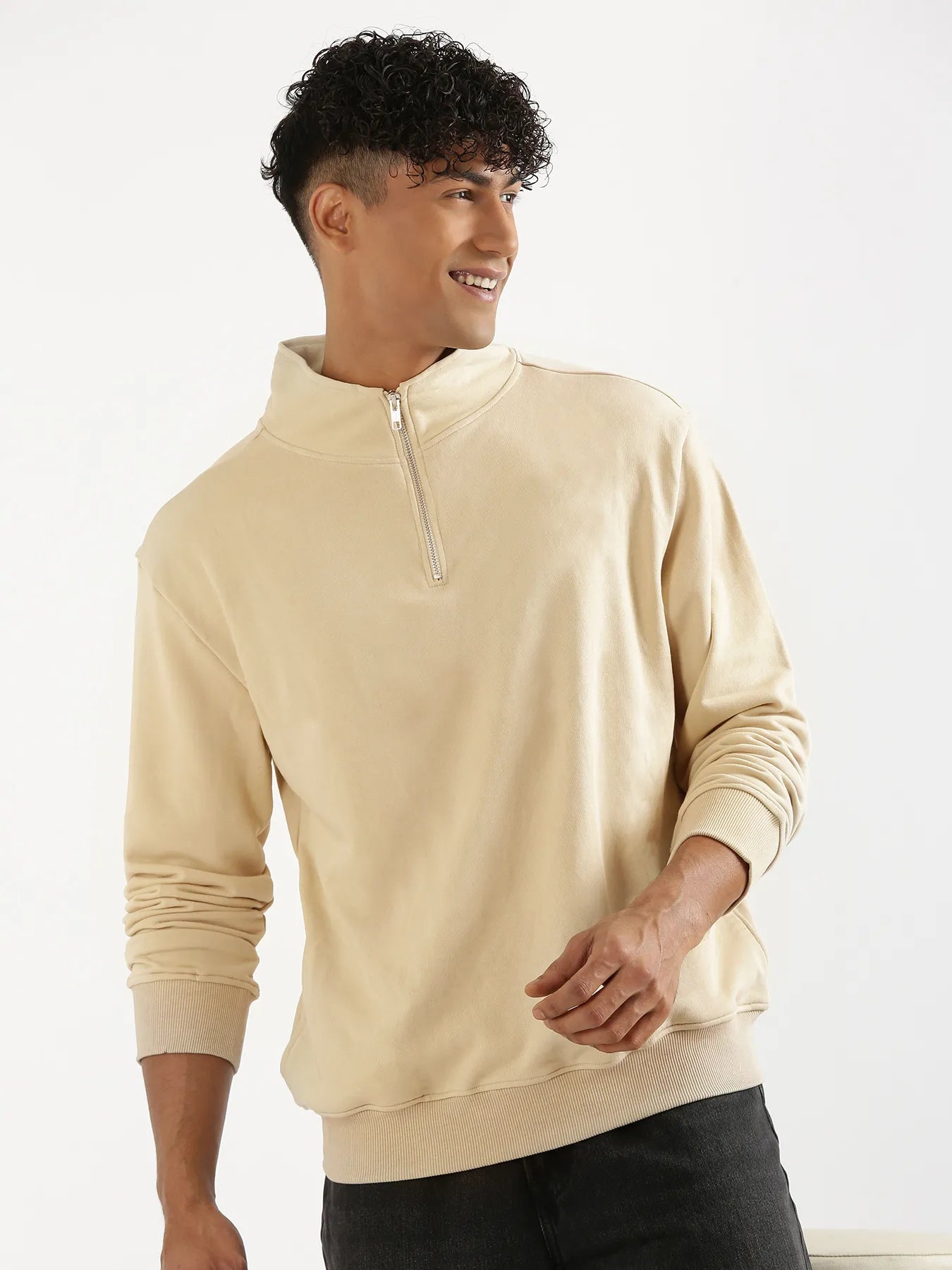Unisex Beige Zip Neck Sweatshirt