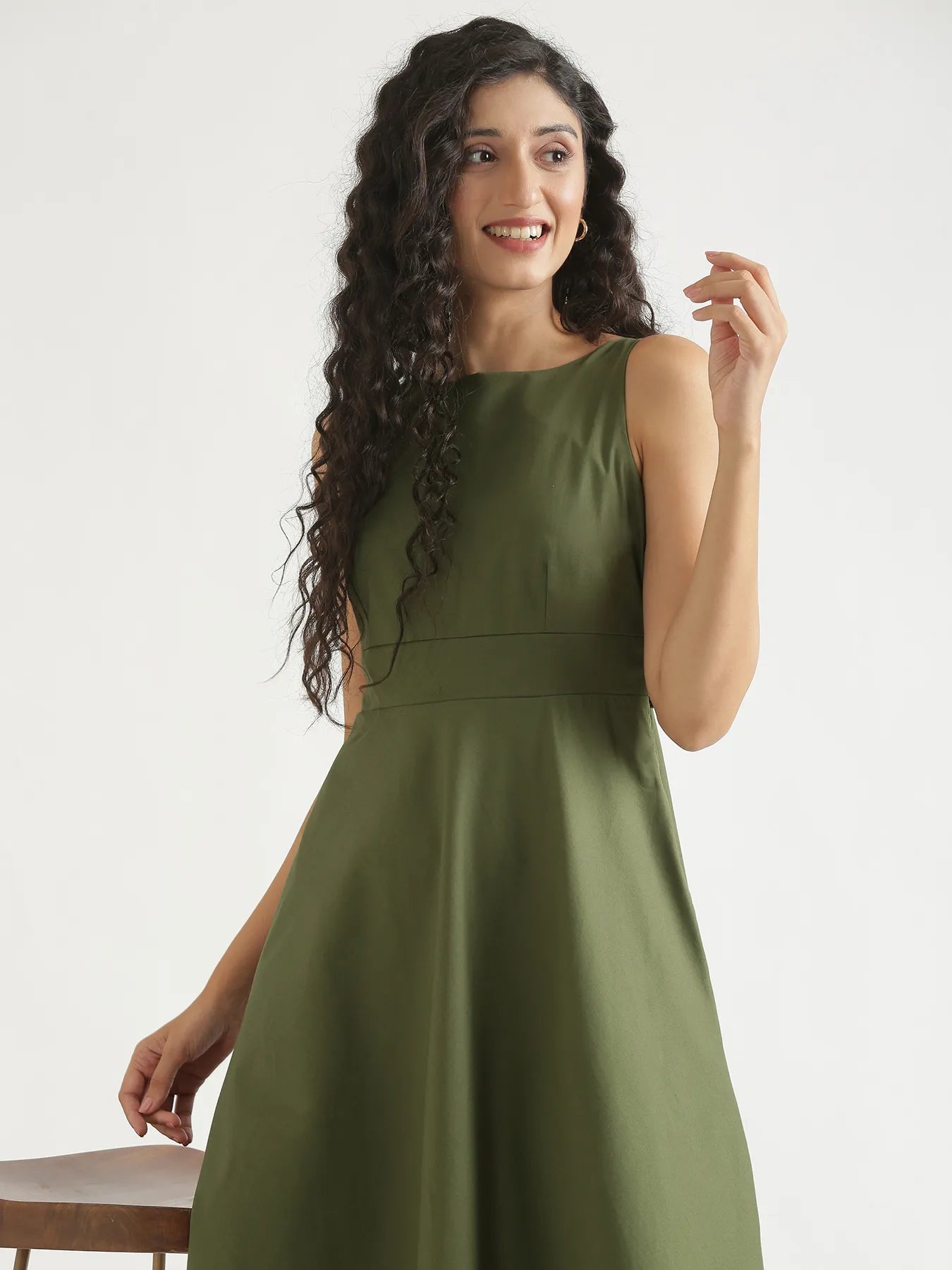 Women Forest Green Better Cotton Flared Dress