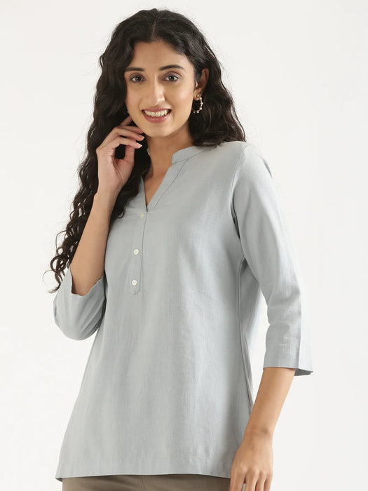 Women Sky Blue Airy Linen Short Kurta & Grey Cotton Pant Set