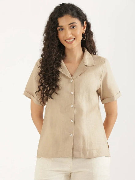 Women Taupe Pure Linen Notch Collar Shirt