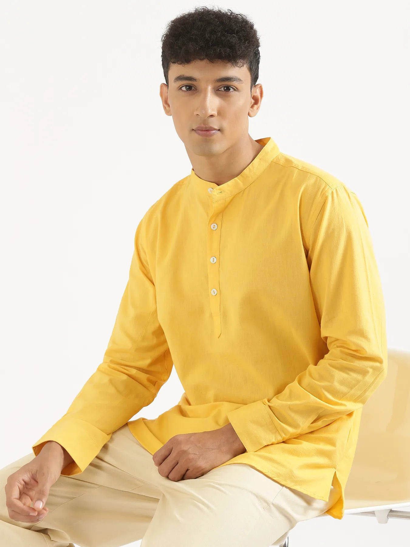 Men Yellow Airy Linen Short Kurta
