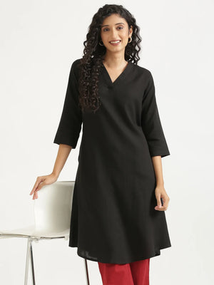 Women Black Flowy Linen A-Line Long Kurta