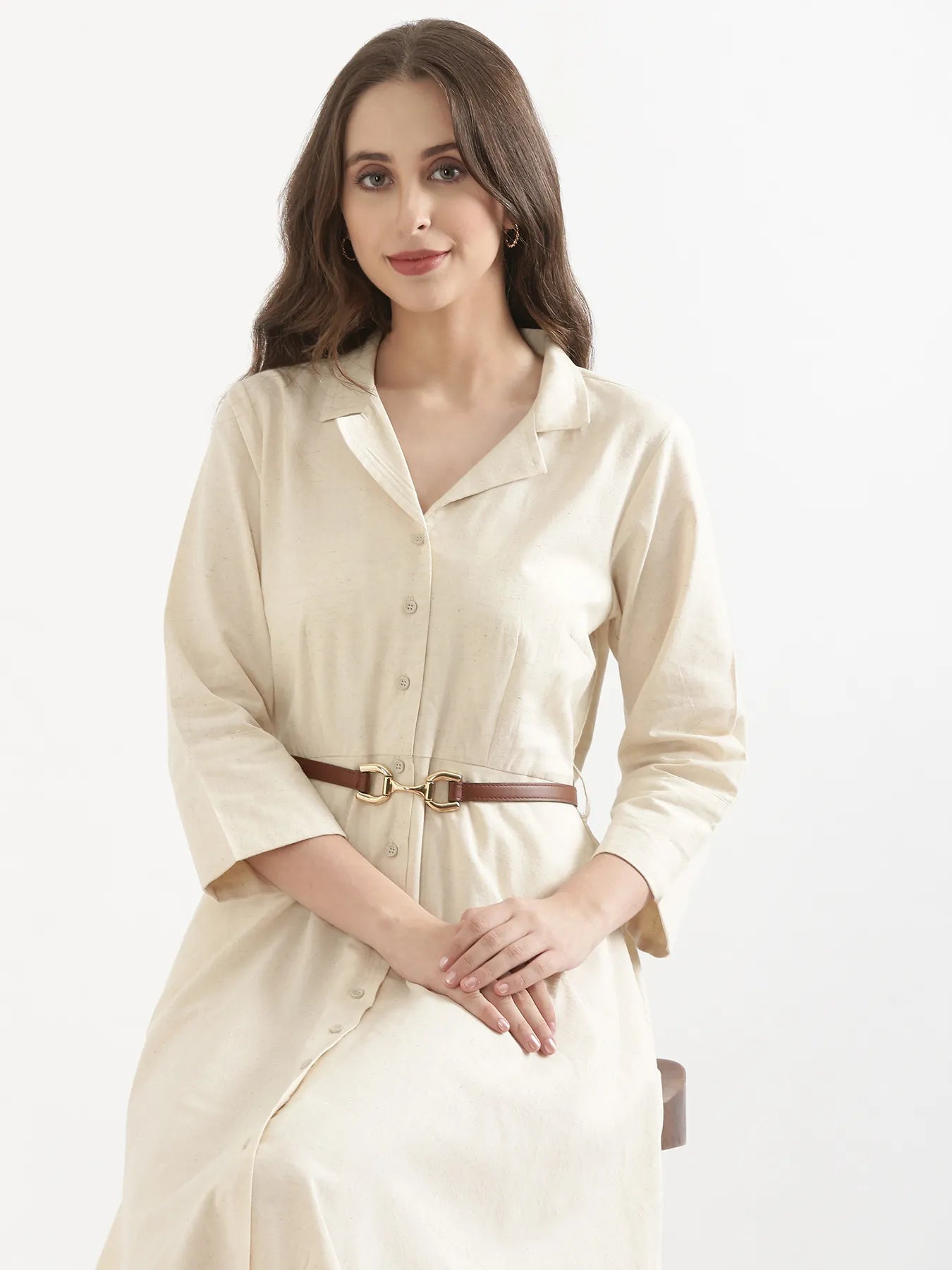 Women Ecru Airy Linen Flared Dress