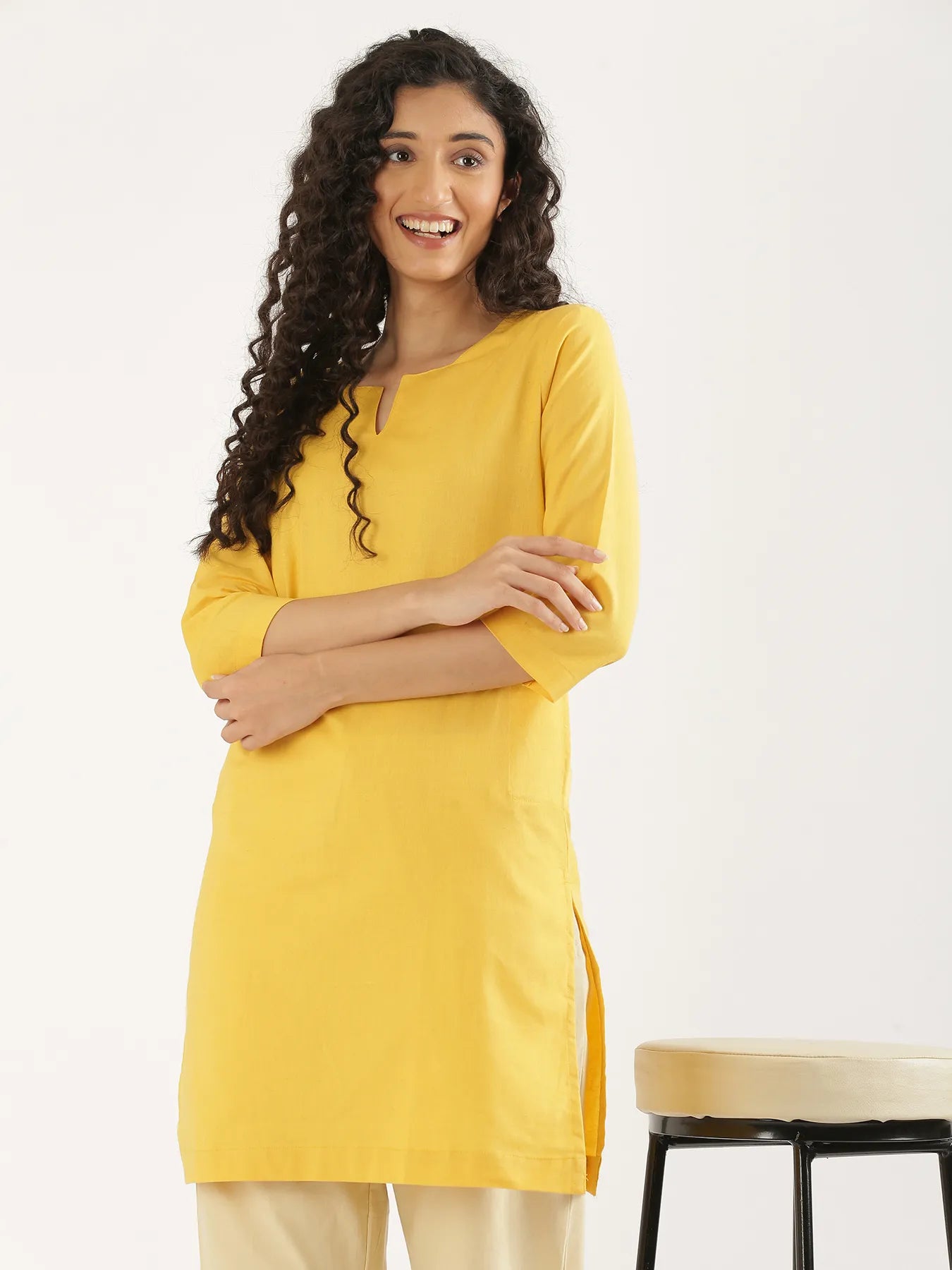 Women Yellow Airy Linen Mid Thigh Length Kurta