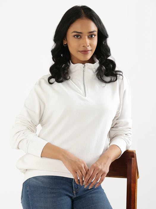 Unisex White Zip Neck Sweatshirt