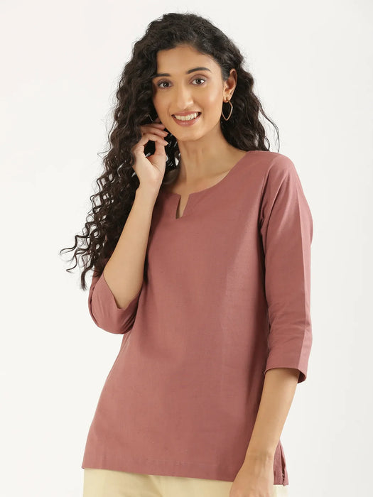 Pick Any 2 Women Airy Linen Split Neck Short Kurta - Rose Taupe
