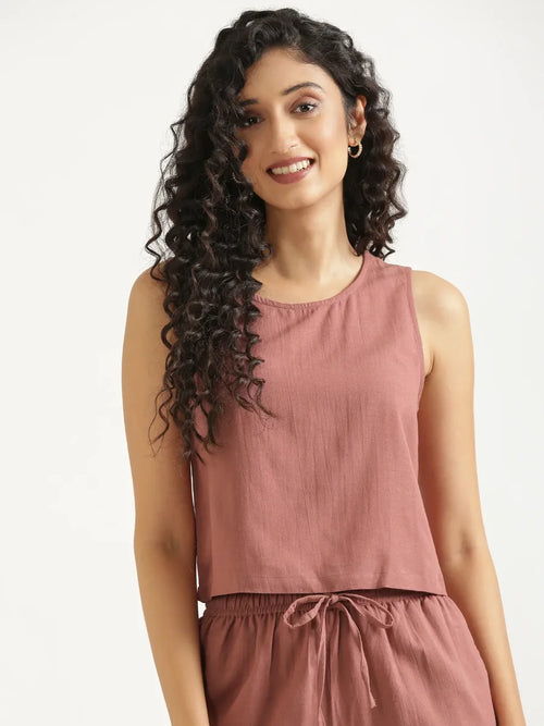 Women Rose Taupe Flowy Linen Crop Top