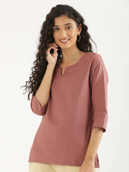 Women Rose Taupe Airy Linen Split Neck Short Kurta