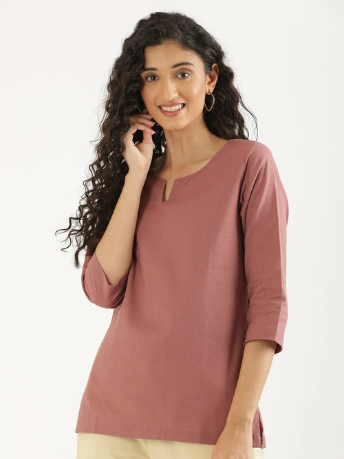 Women Rose Taupe Airy Linen Split Neck Short Kurta
