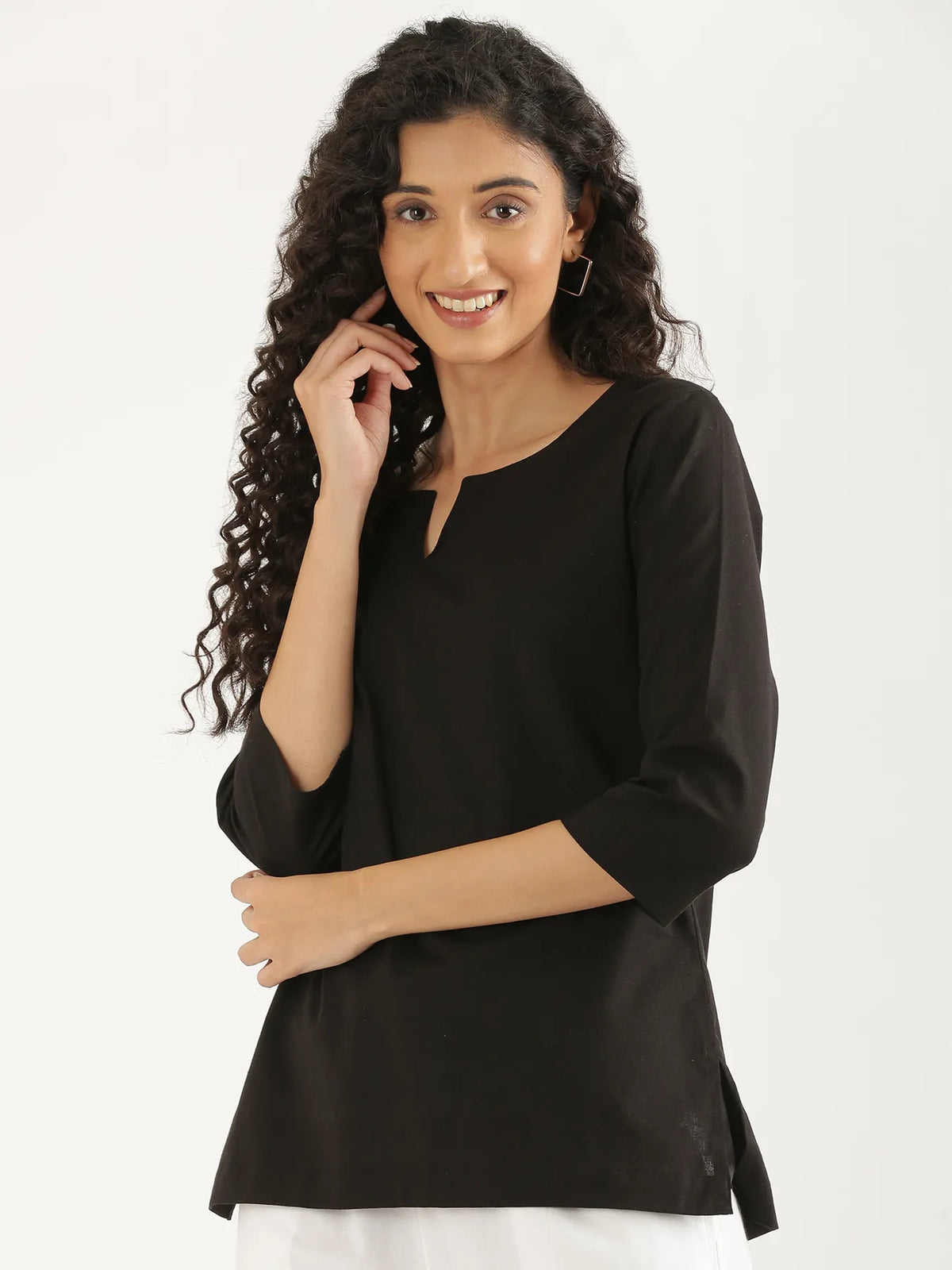 Pick Any 2 Women Airy Linen Split Neck Short Kurta - Black