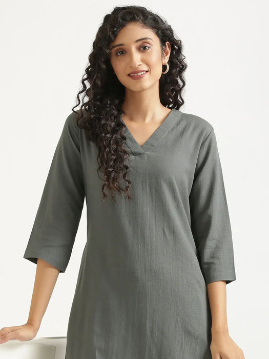 Women German Grey Flowy Linen A-Line Long Kurta
