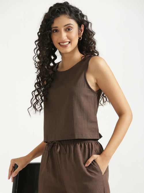 Women Dark Brown Flowy Linen Crop Top