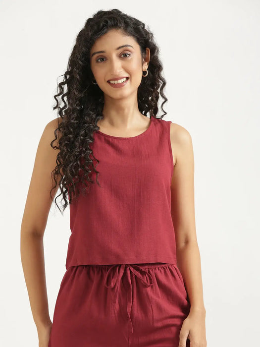 Women Maroon Flowy Linen Crop Top