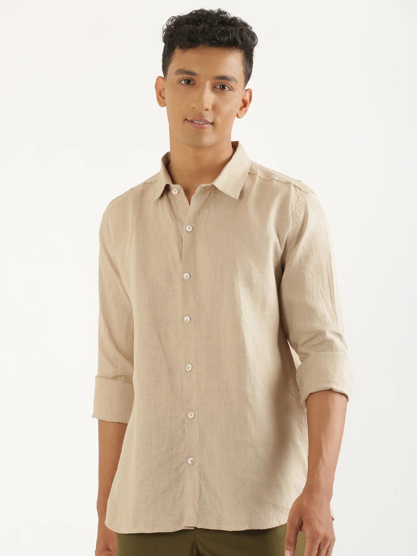 Men Taupe Pure Linen Full Sleeve Shirt