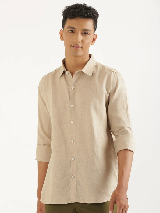 Men Taupe Pure Linen Full Sleeve Shirt