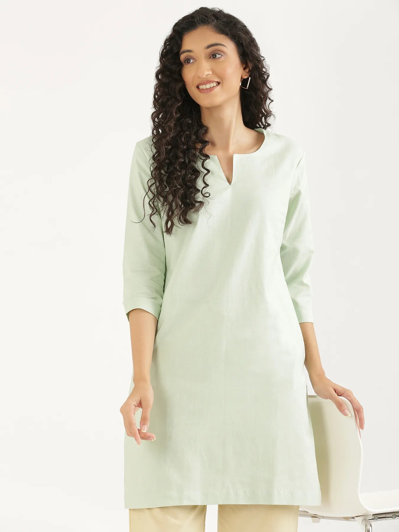 Women Mint Green Airy Linen Mid Thigh Length Kurta