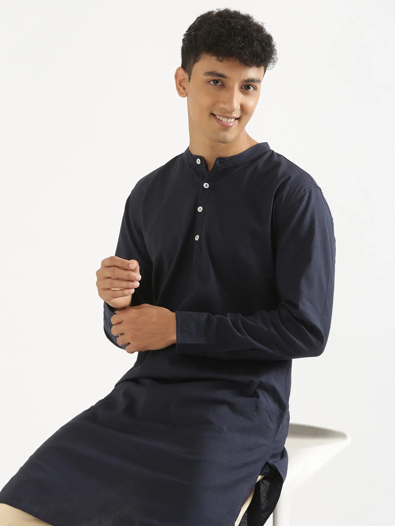 Men Navy Blue Airy Linen Long Kurta