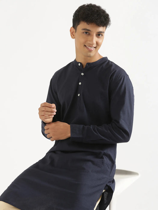 Men Navy Blue Airy Linen Long Kurta
