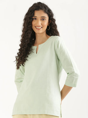 Women Mint Green Airy Linen Split Neck Short Kurta