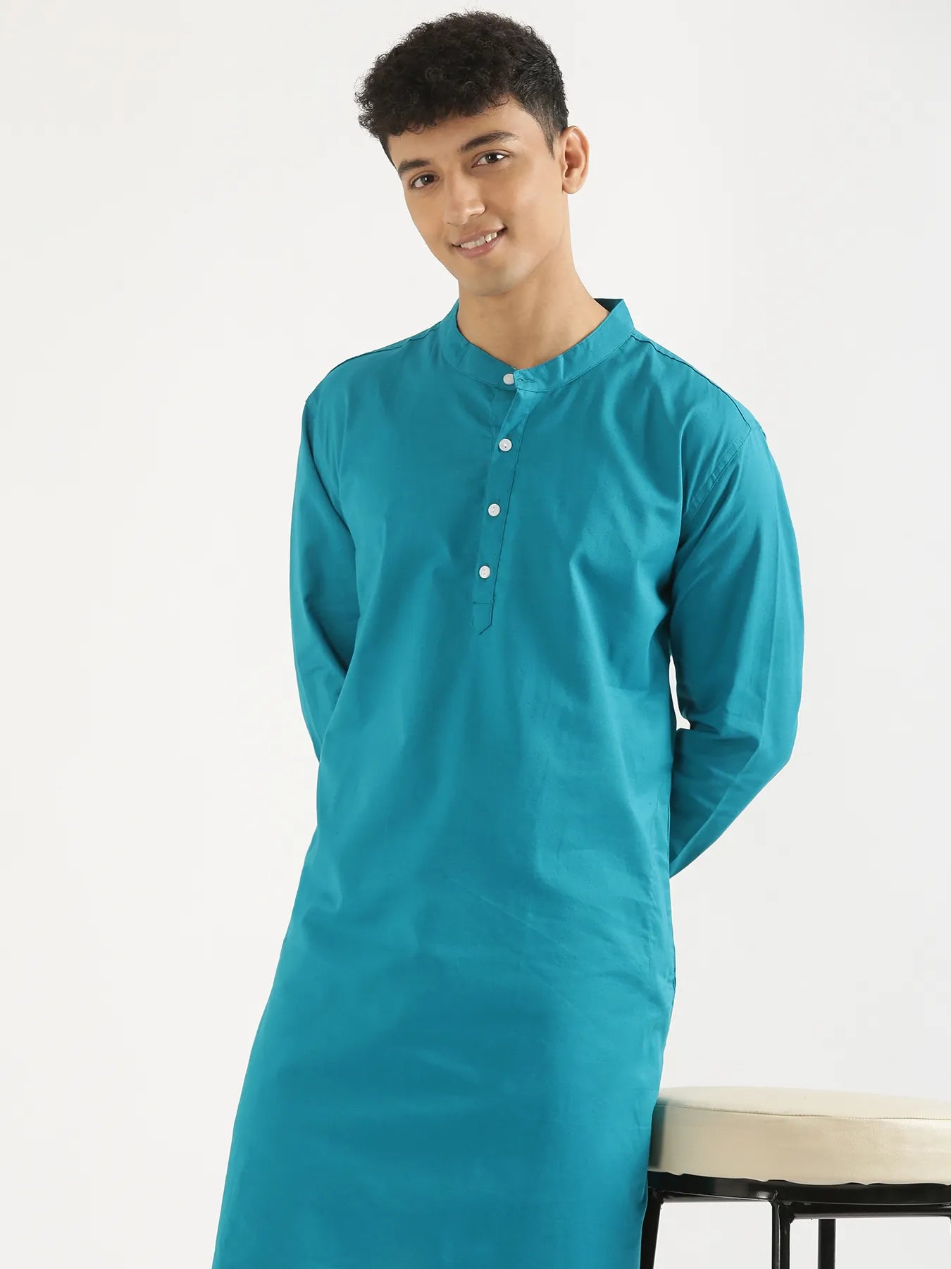 Men Teal Airy Linen Long Kurta