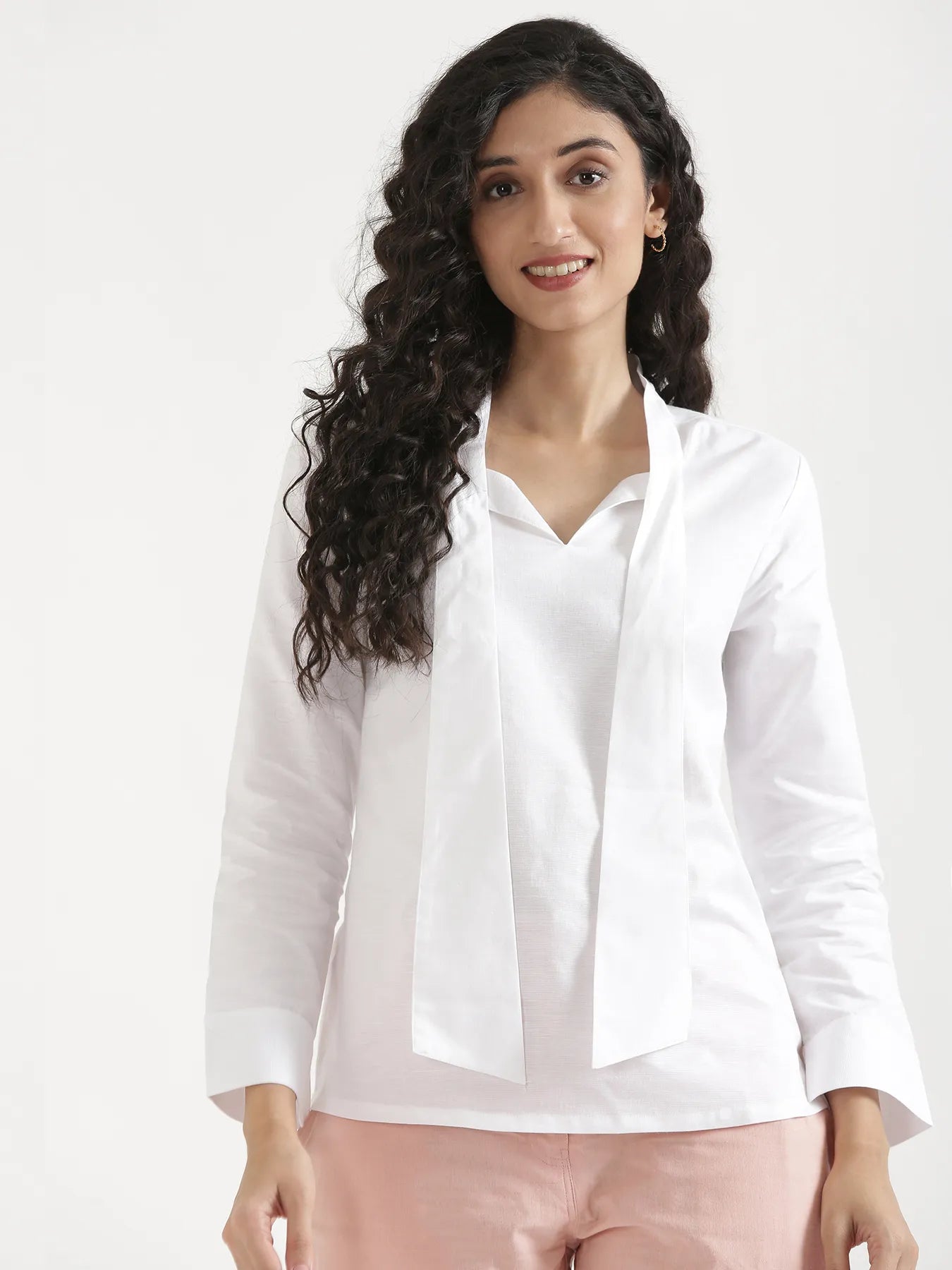 Women White Linen Blend Knot Blouse