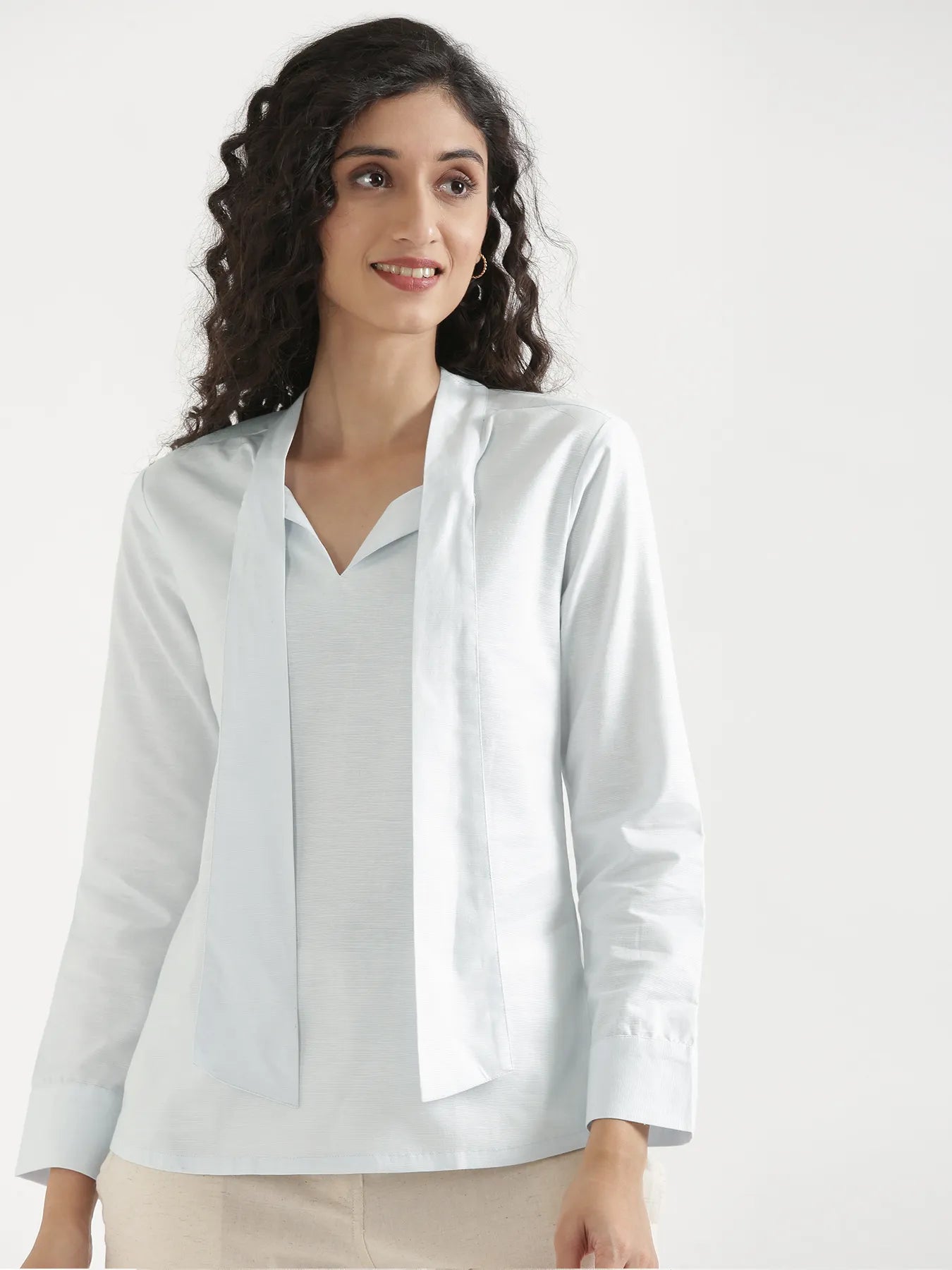 Women Powder Blue Linen Blend Knot Blouse