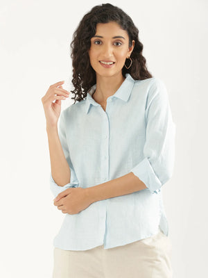 Women Light Blue Pure Linen Shirt